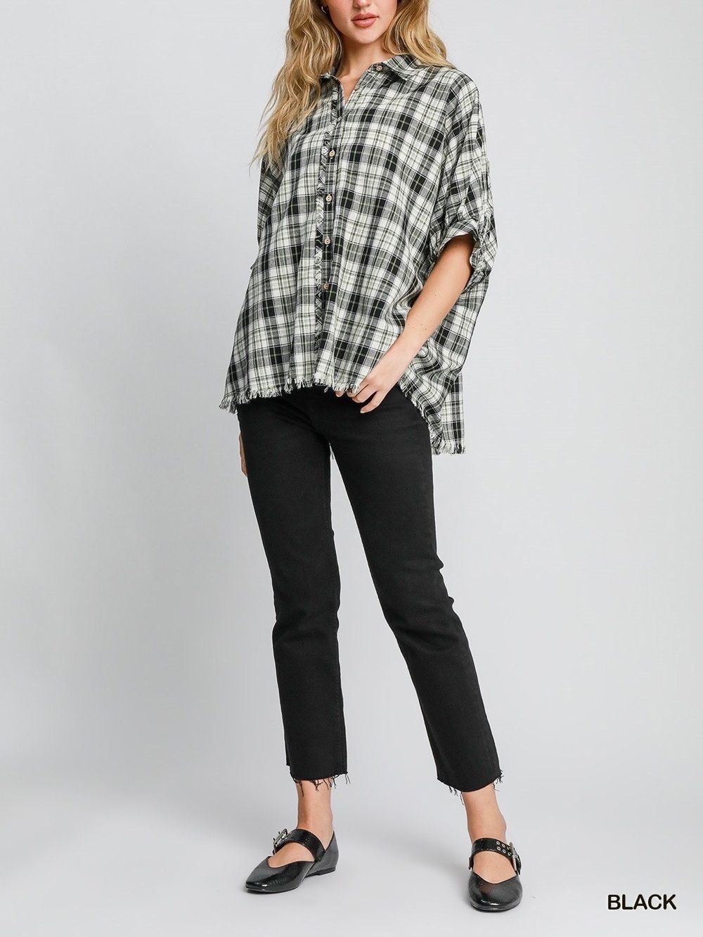 Umgee Plaid Frayed Hem Oversized Button Front Top Women’s Size Medium Lagenlook